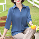 1pcs Woman Summer Solid Blouses Shirt Lady Thin Pullover Shirt Female Casual Half Sleeve Turn-down Collar Loose Top Mom Clothing