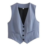 HH Elegant Womens Minimalist Solid Color Suit Vest Fitted Waist V Neck Office Workwear Business Waistcoat Casual Streetwear Tops