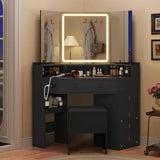 Corner Vanity Desk with Mirror and Lights, Power Outlet & Rotating Shelves, Makeup Vanities with Storage Bench