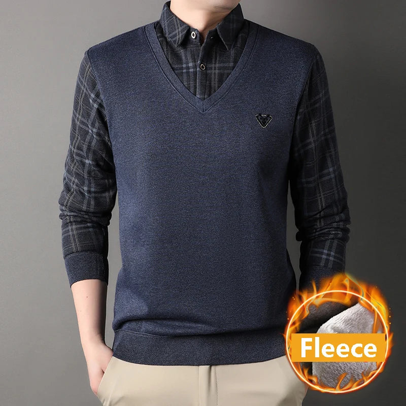 Mens Thick Sweater Pullover Fleece Lined Fake Two Piece Knitwear Fashion Casual Business Pullovers