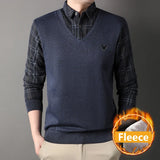 Mens Thick Sweater Pullover Fleece Lined Fake Two Piece Knitwear Fashion Casual Business Pullovers