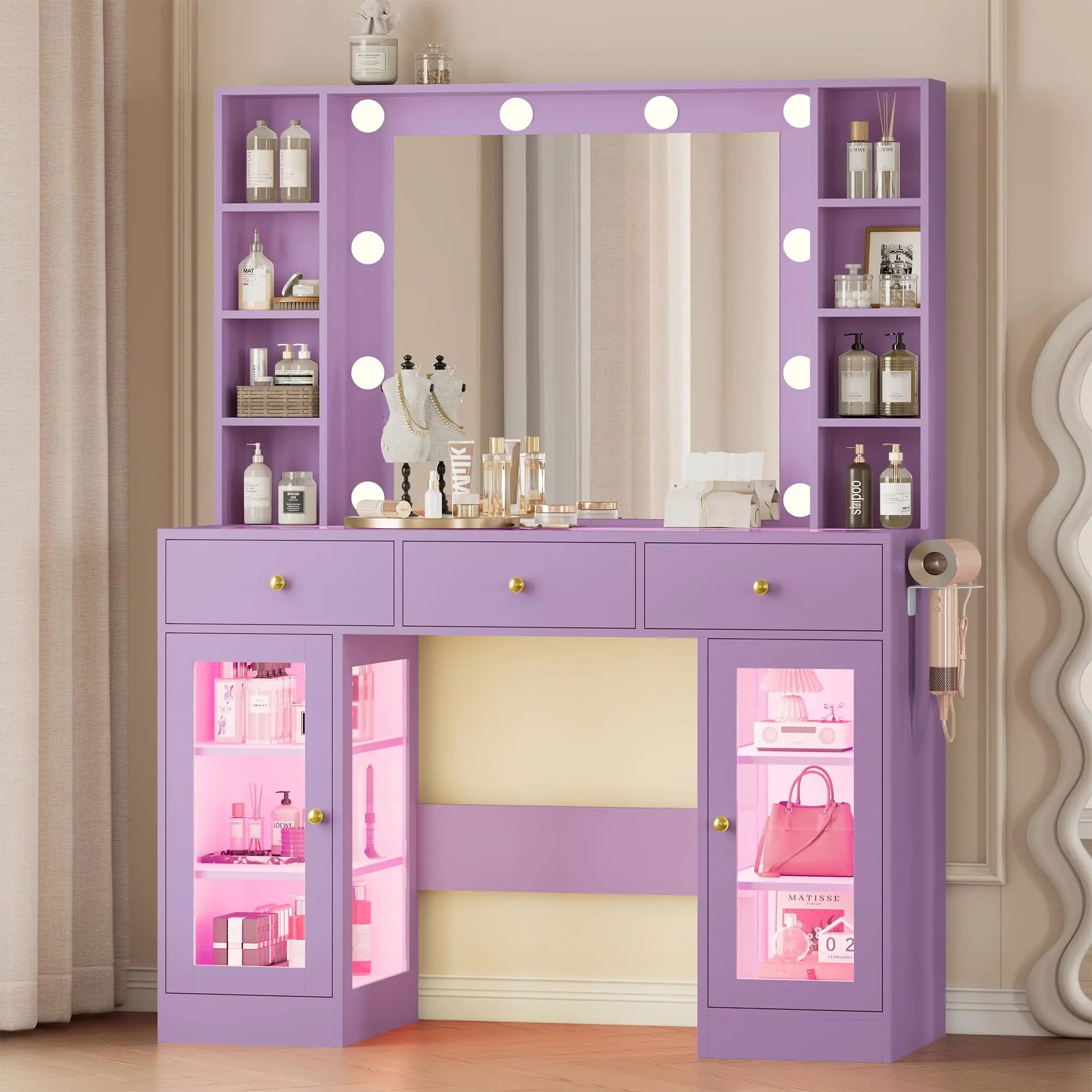 Makeup Vanity Desk with Mirror and Lights, Black Vanity with Glass Top, LED Lights & Power Outlet, 3 Drawers & 2 RGB
