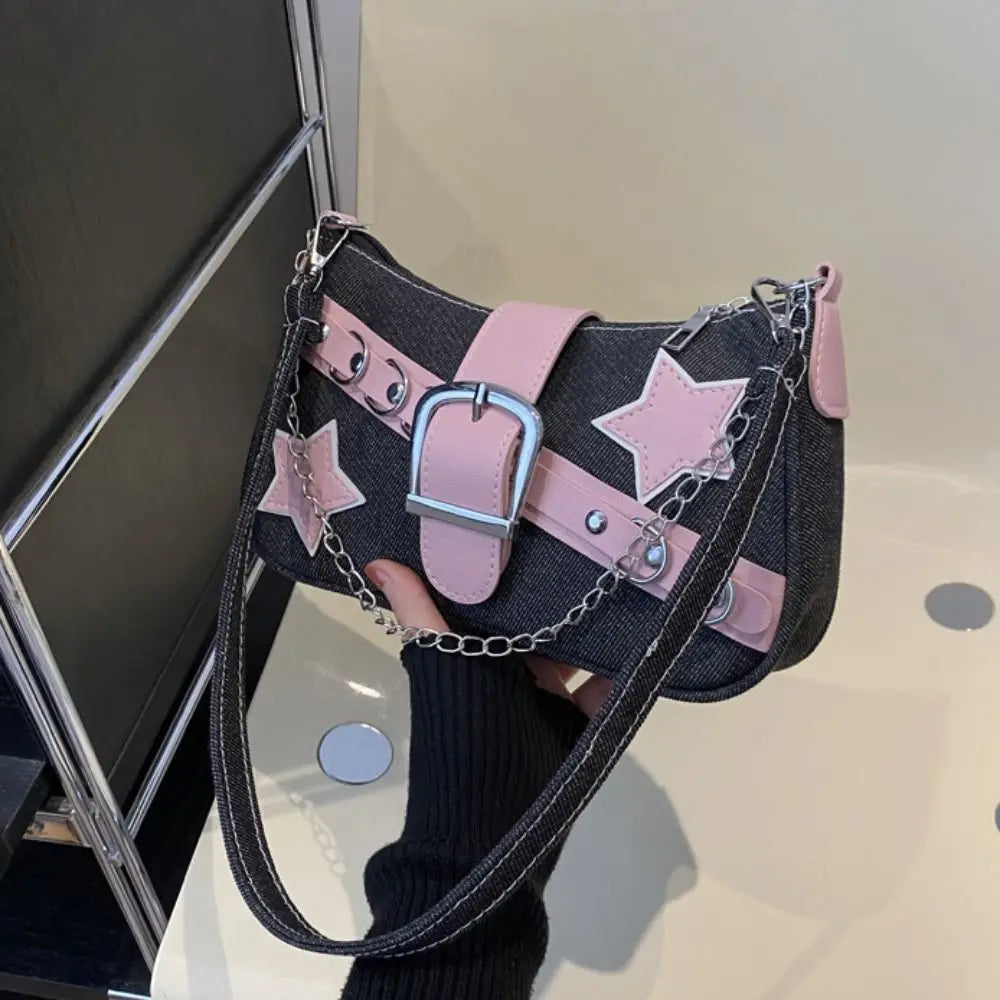 Y2k Fashion Women's Handbags Stars Pattern Cool Girls Underarm Bag Fashion Female Small Shoulder Bags Chain Tote Purses