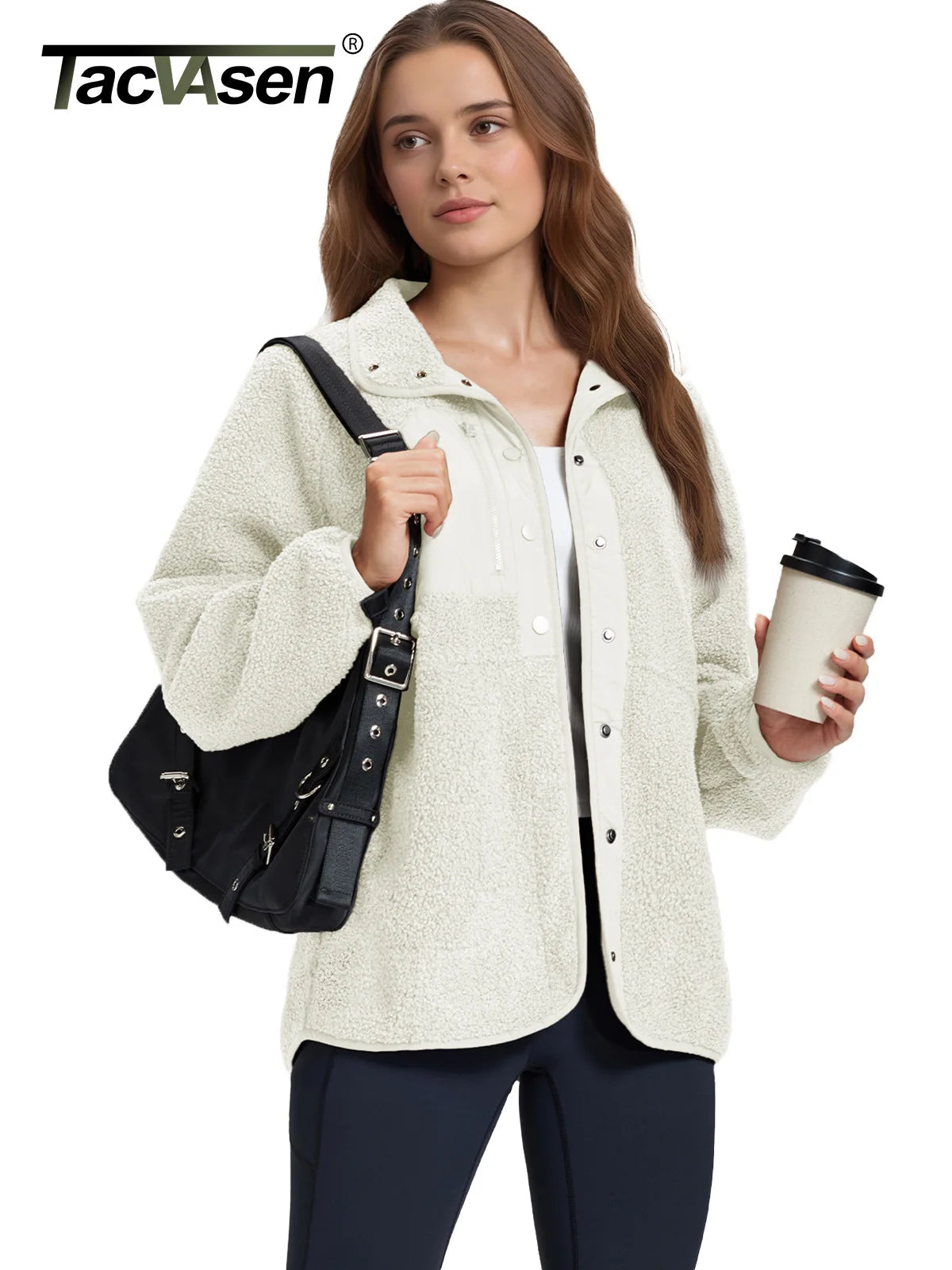 TACVASEN Fuzzy Button Down Sherpa Fleece Jacket Women's Winter Warm Coat Casual Outwear Jacket with Pockets Streetwear Outwear