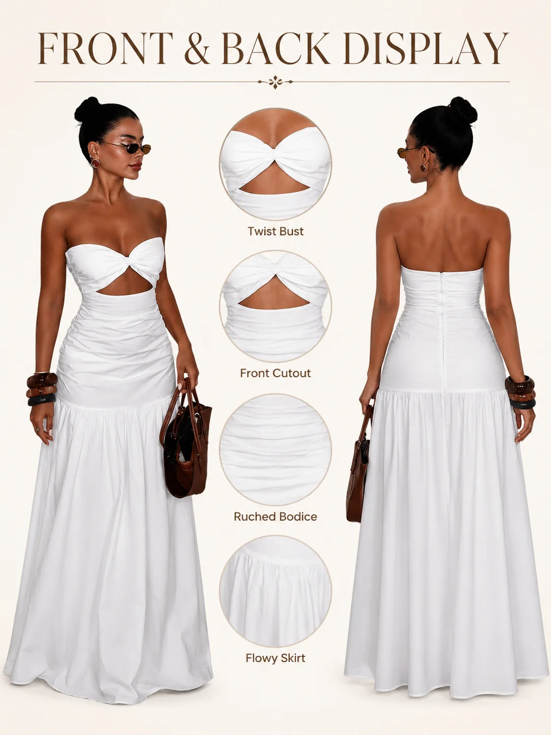 Women Strapless Twist Cutout Maxi Dress Ruched Waist Flowy A Line Long Tube Top Dress Summer Beach Vacation Casual Sundress