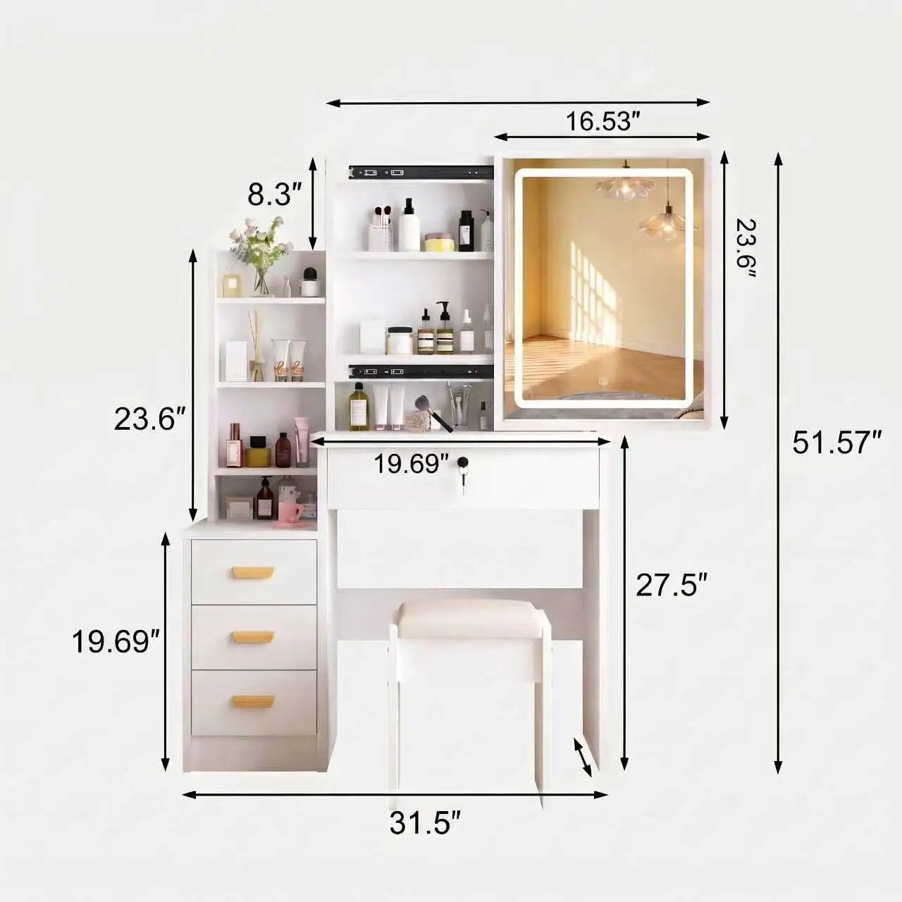 Vanity Desk, Makeup Vanity Desk with Sliding Mirror and Lights, Makeup Vanity Set with Drawers, Stool and Open Shelves, 3 Color Lighting Modes, Brightness Adjustable Dressing Table for Bedroom, White