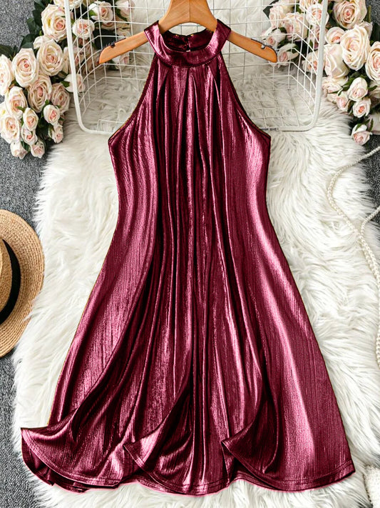 Women Metallic Gold Halter Mini Dress Sleeveless Shiny Liquid Fabric A Line Short Dresses 2026 Summer Elegant Cocktail Club Party Vacation Vestidos