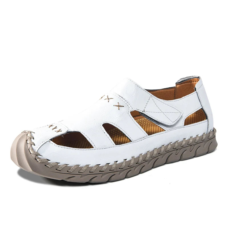 Outdoor Summer Man Sandals Stylish Leather Mens Beach Shoes Outdoor Men  Roman Flats Hollow Out Sandalias New Wading Aqua Shoes