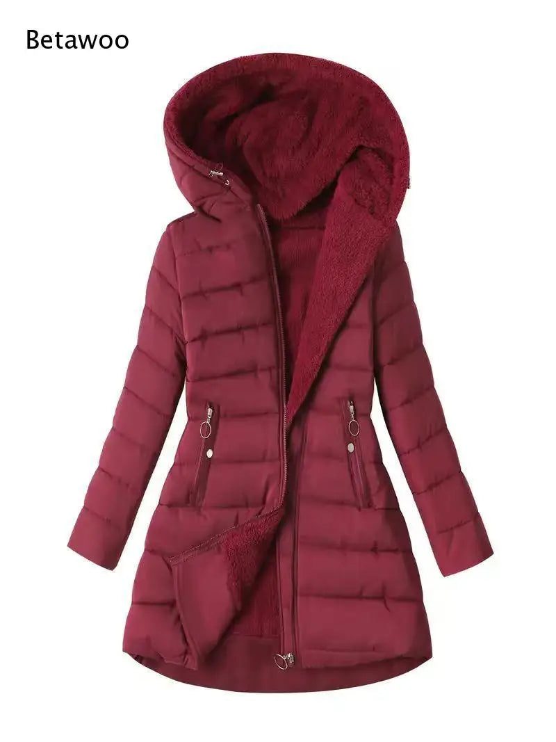 Women Hooded Warm Padded Jacket Fleece Lined Interior Diagonal Zipper Slim Silhouette Mid Length Winter Outer Coat
