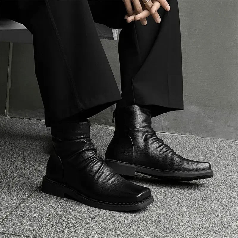 Hot-Selling Leather Boots for Men Fad Square Toe Drape Casual Chelsea Boot British High-end Cool High Top Men Boots Botas Hombre