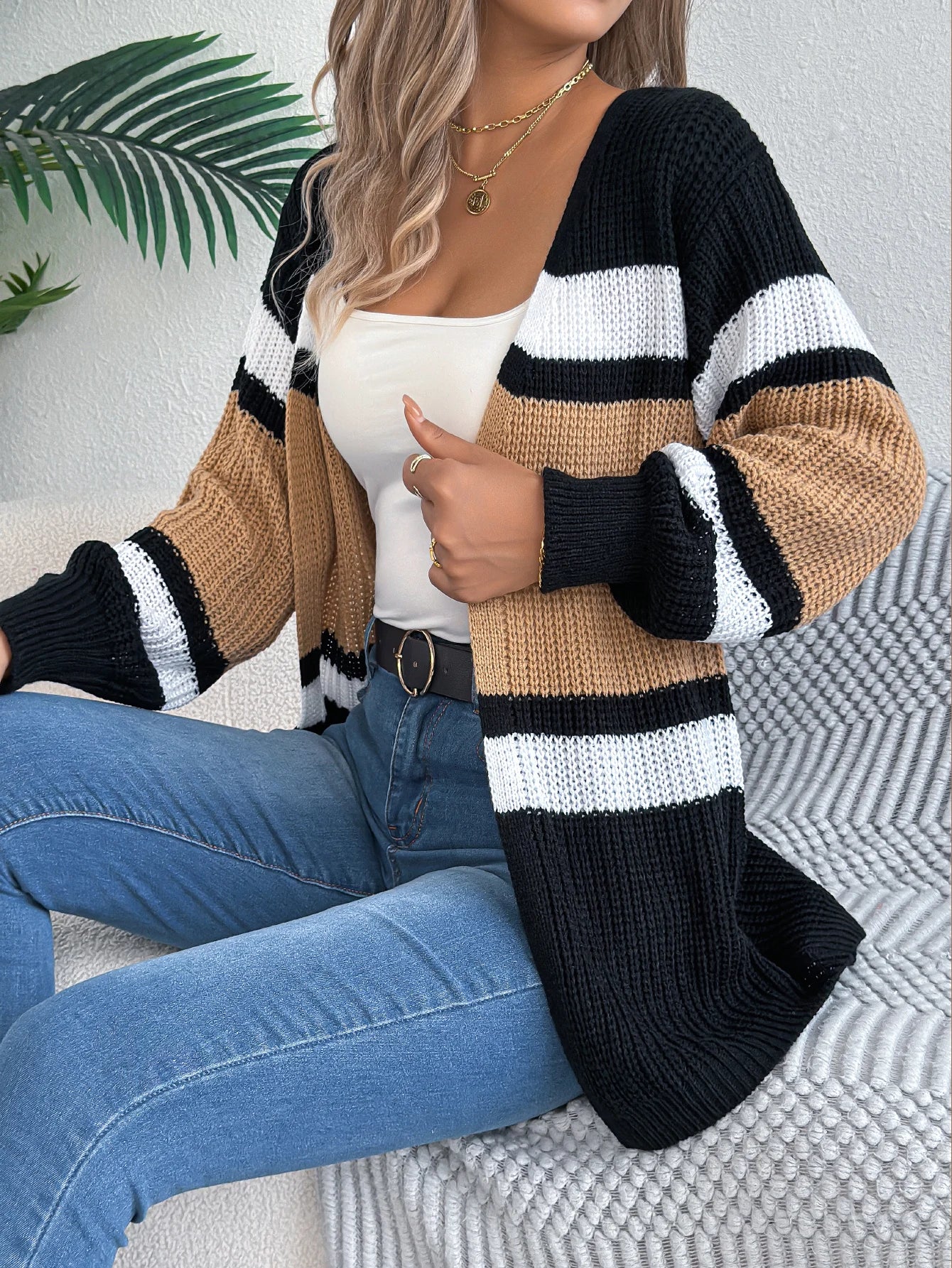 Women's Color Block Striped Cardigan Sweaters 2026 Autumn Winter Casual Lantern Long Sleeve Knitted Coats Fashion Woman Outwear