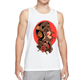 Retro Flaming Praying Hands Tank Top, Vintage Gothic Fire Graphic Sleeveless Tee, Old School Tattoo Style Streetwear Vest for Men