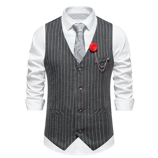 KIDWHXR Men Suit Vest Vintage Striped Single-breasted Man Waistcoats Business Casual Slim Sleeveless Male Party Dress Vests
