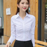 Fashion Turn-Down Collar Folds Shirts Women Autumn Slim Fit Solid White Inner Wear Button Chic Design Versatile Long Sleeve Tops