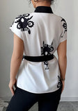Elegant Summer Commute Floral Print Waist-Cinching Short Sleeve Top for Women Business Casual Shirt