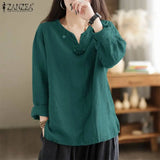 Vintage Women Blouse Autumn Long Sleeve Shirt Female V Neck Work Holiday Blusas ZANZEA Casual Solid Loose Shirt Cotton Chemise
