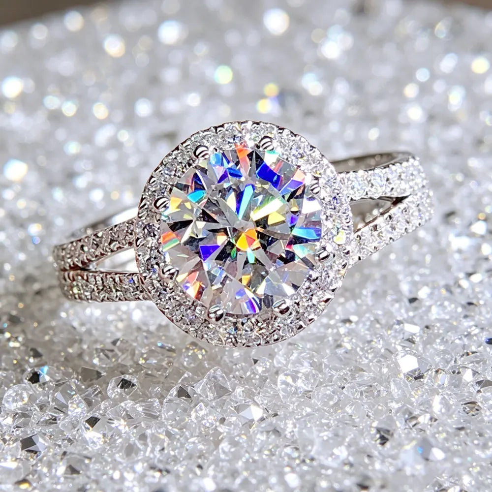 925 Sterling Silver 2ct Round Cut Moissanite Engagement Ring Wedding Band for Women Bridal Promise Fine Jewelry Gift