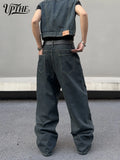 UP.THE Men Dark Raw Denim Baggy Wide Leg Jeans, Y2K Oversized Loose Curved Spliced Eyelet Denim Pants, Industrial Streetwear Trousers for Daily Outfits
