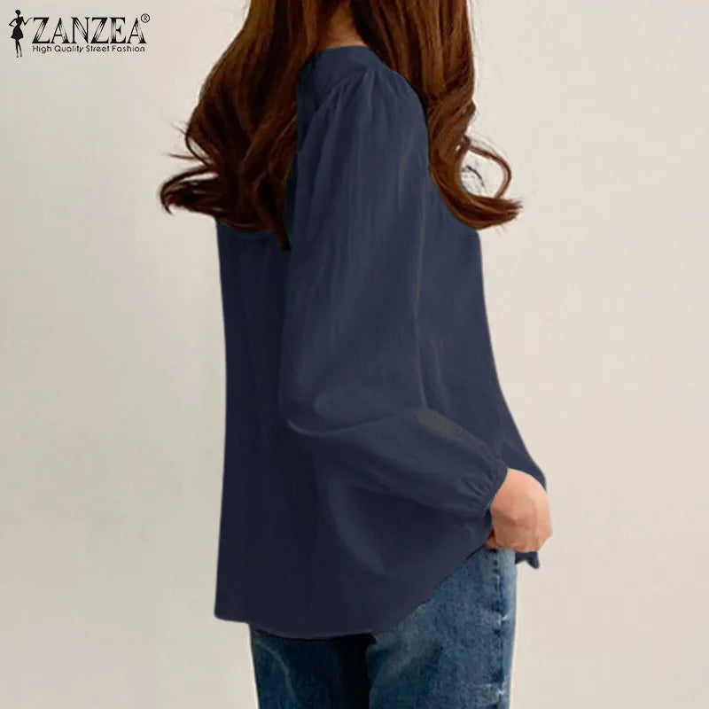 ZANZEA Elegant Solid Blouse Women Long Sleeve O Neck OL Work Shirt Spring Autumn Fashion Tunic Tops Blusas Female Loose Chemise