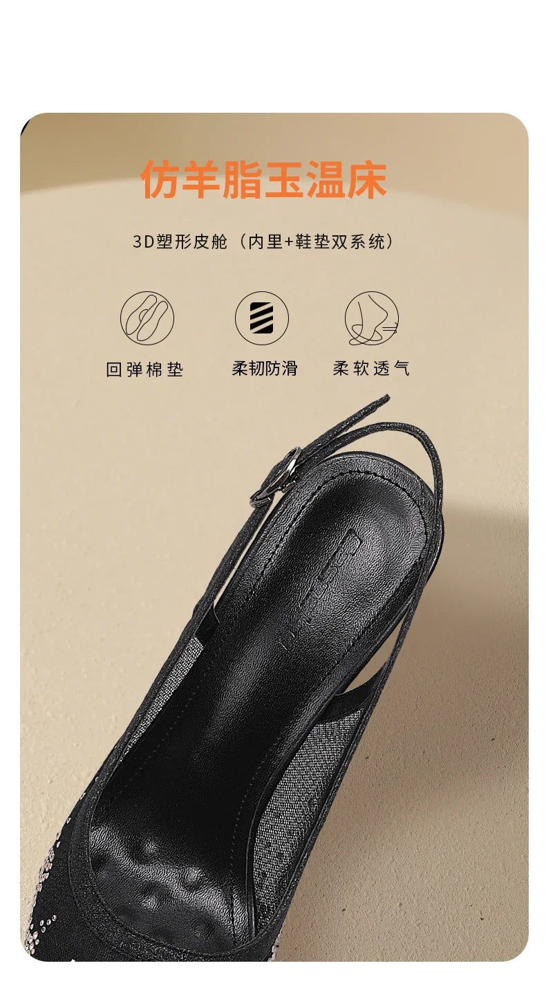 New Baotou Sexy Sandals with One Buckle and Summer Mesh, Rhinestone High Heels for Women, Slim Heels, Shallow Mouth