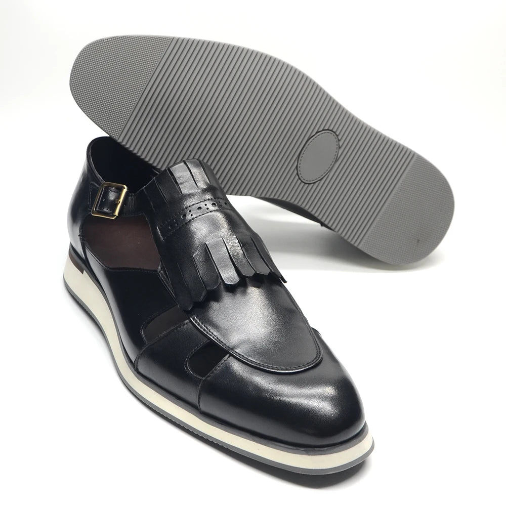 Classy Trending Mens Tassel Sandals Genuine Leather Buckle Strap Hollow Out Summer Casual Shoes for Men Comfortable Breathable