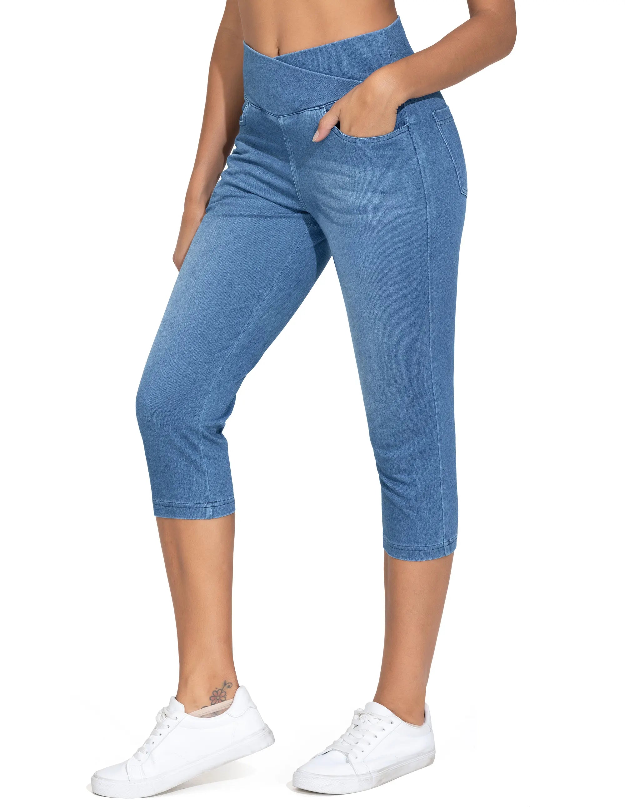 THE GYM PEOPLE Women's Cross Waisted Stretchy Capri Denim Jeggings Tummy Control Skinny Jean Leggings with Pockets
