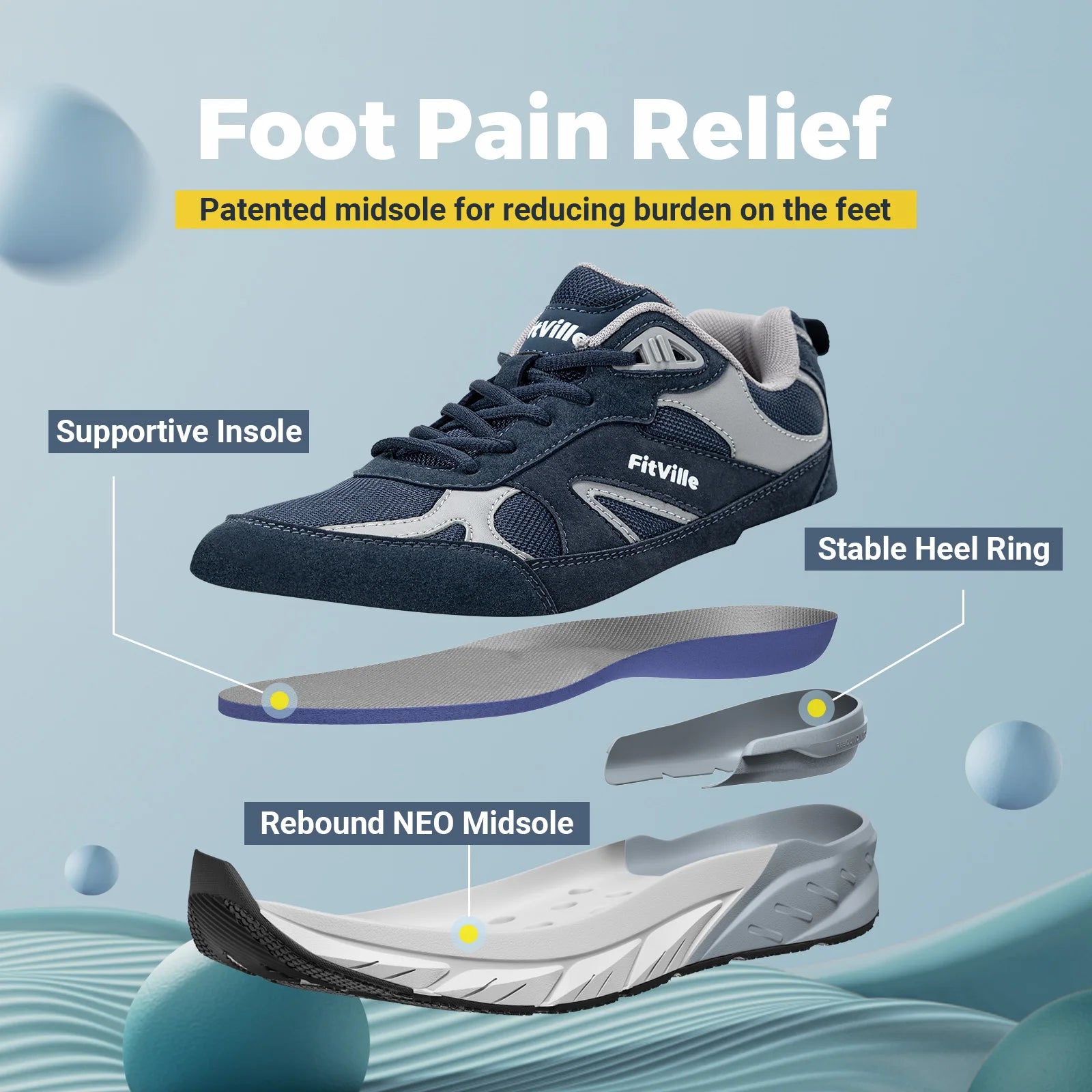 FitVille Newest Walking Shoes for Men Wide Width Sneakers with Arch Support for Flat Feet Heel Pain Relief Plantar Fasciitis