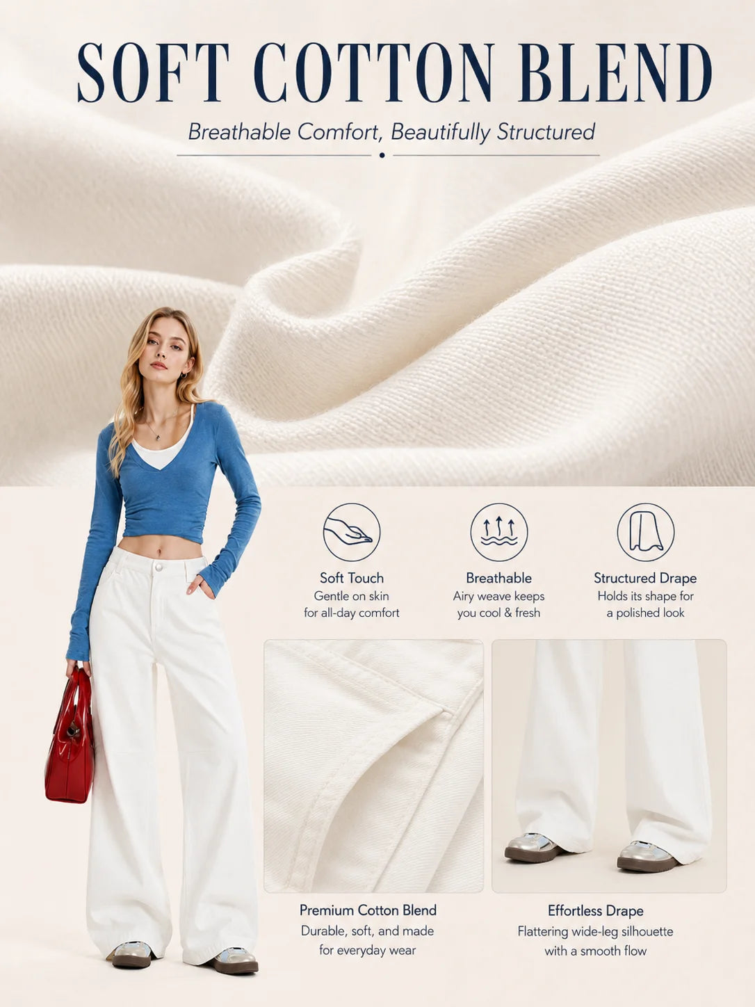 Women's White Wide Leg Jeans, High Waist Loose Baggy Denim Pants Casual Solid Color Full Length Palazzo Trousers with Pockets for Daily Street Shopping