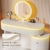 Round Makeup Vanity Desk with Mirror and Lights, Faux Leather Modern Vanity Desk with Reversible Side Cabinet, Small