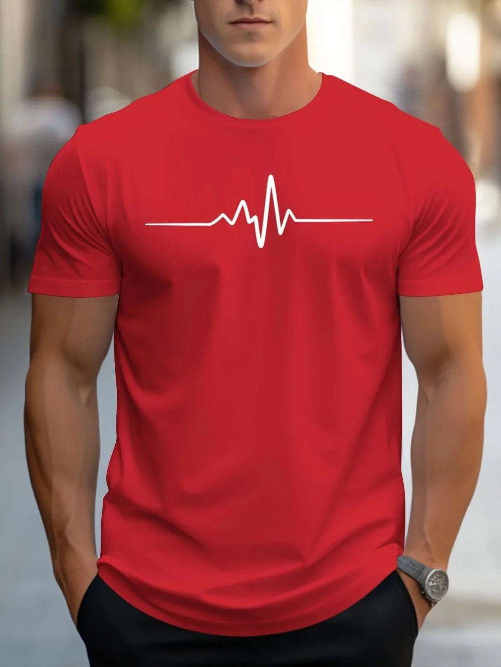Fashionable men's summer electrocardiogram printed comfortable and breathable round neck T-shirt outdoor casual top