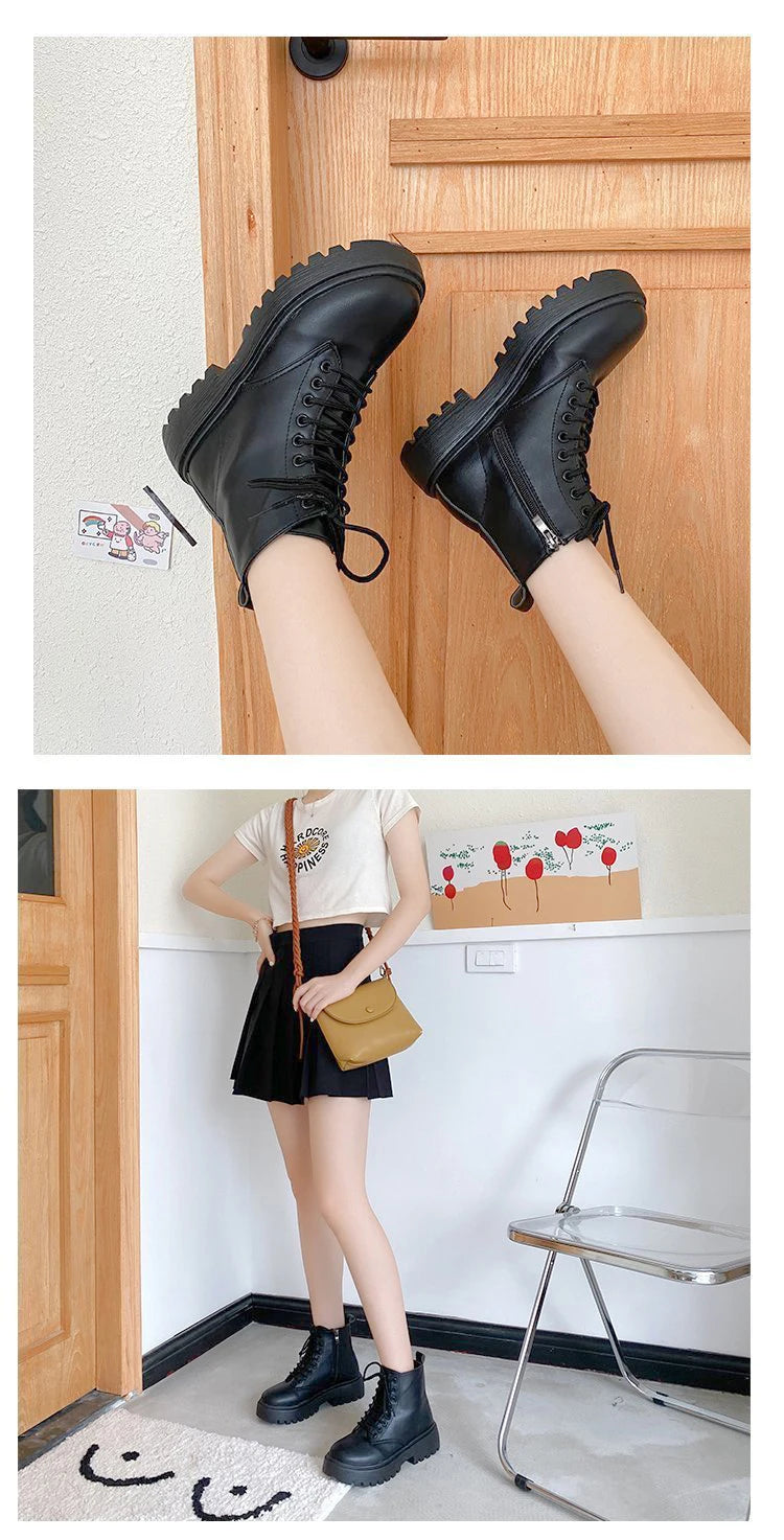 Plus Size 42 43 Women Motorcycle Ankle Boots Wedges Female Lace Up Platforms Black Leather Oxford Shoes Woman 2022 Botas Mujer