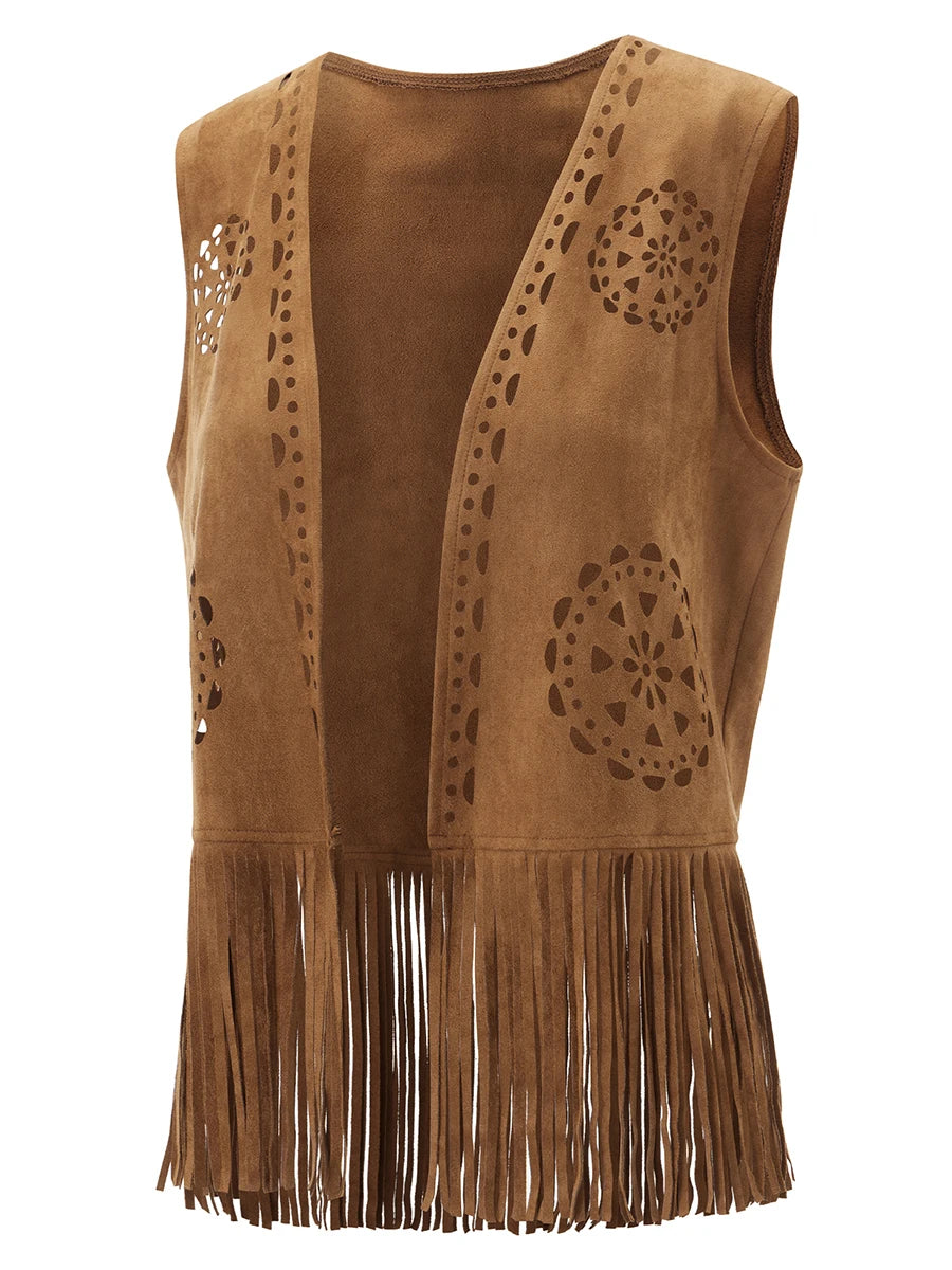 Puloru Fringe Faux Suede Vests Women's Casual Sleeveless Open Front Tassel Hippie Jackets Western Style Streetwear Outwears
