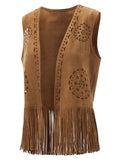Puloru Fringe Faux Suede Vests Women's Casual Sleeveless Open Front Tassel Hippie Jackets Western Style Streetwear Outwears