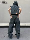 UP.THE Men Dark Raw Denim Baggy Wide Leg Jeans, Y2K Oversized Loose Curved Spliced Eyelet Denim Pants, Industrial Streetwear Trousers for Daily Outfits