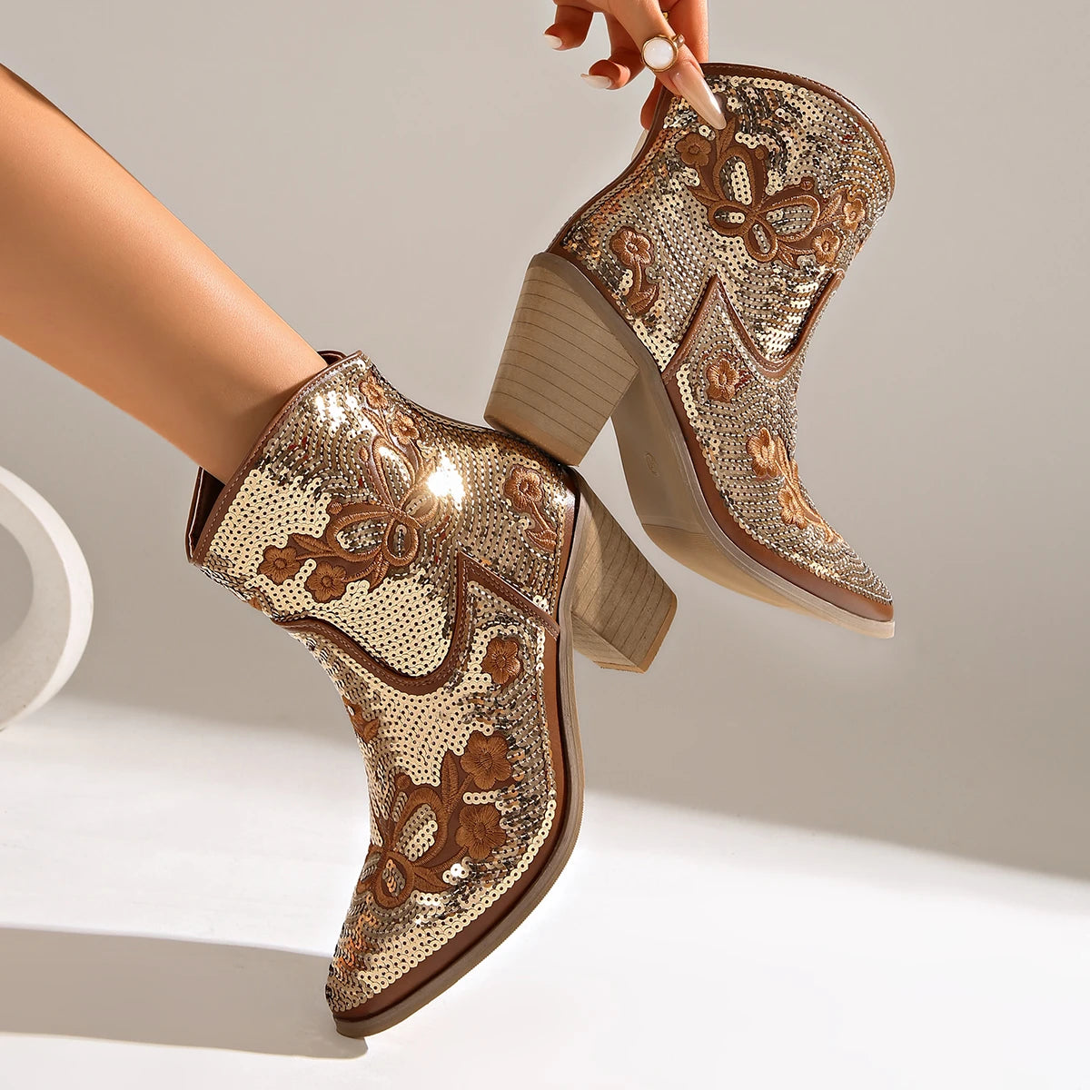Women Pointed Toe Sequins Embroidery Western Cowboy Ankle Boots, Side Zipper Block Heel Autumn Y2K Fashion Short Heeled Booties