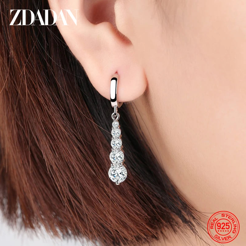 ZDADAN 925 Sterling Silver Long Drop Earrings For Women Fashion Wedding Jewelry