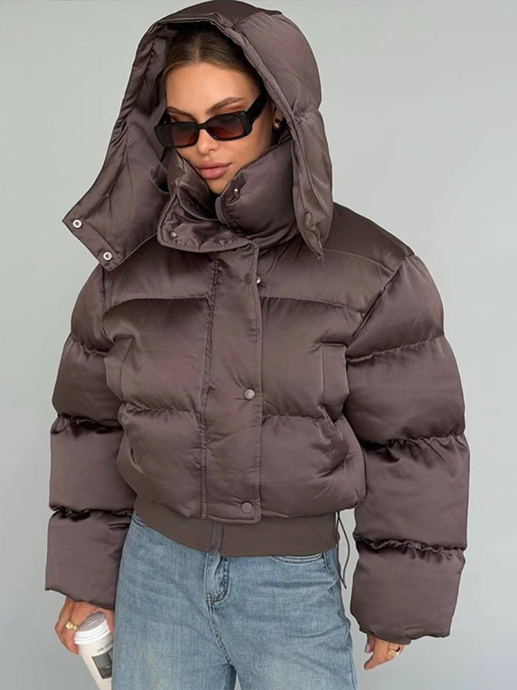 Winter Hooded Jacket Short Top Cropped Drawstring Waist Coat Woman Long Sleeve Warm Quilted Out Jackets Streetwear Lady Clothes