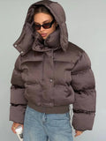 Winter Hooded Jacket Short Top Cropped Drawstring Waist Coat Woman Long Sleeve Warm Quilted Out Jackets Streetwear Lady Clothes