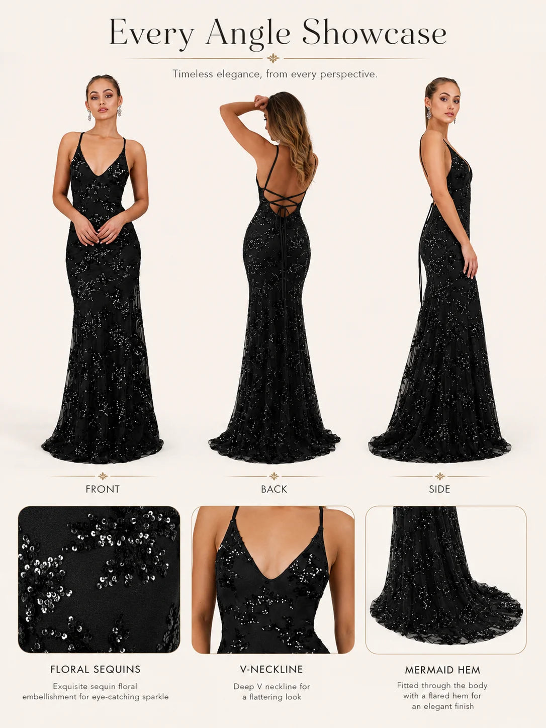 Sexy Sequin Floral Mermaid Evening Gown for Women Deep V Neck Spaghetti Strap Formal Prom Dress Floor Length Tulle Wedding Guest Party Ball Gown