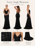 Sexy Sequin Floral Mermaid Evening Gown for Women Deep V Neck Spaghetti Strap Formal Prom Dress Floor Length Tulle Wedding Guest Party Ball Gown