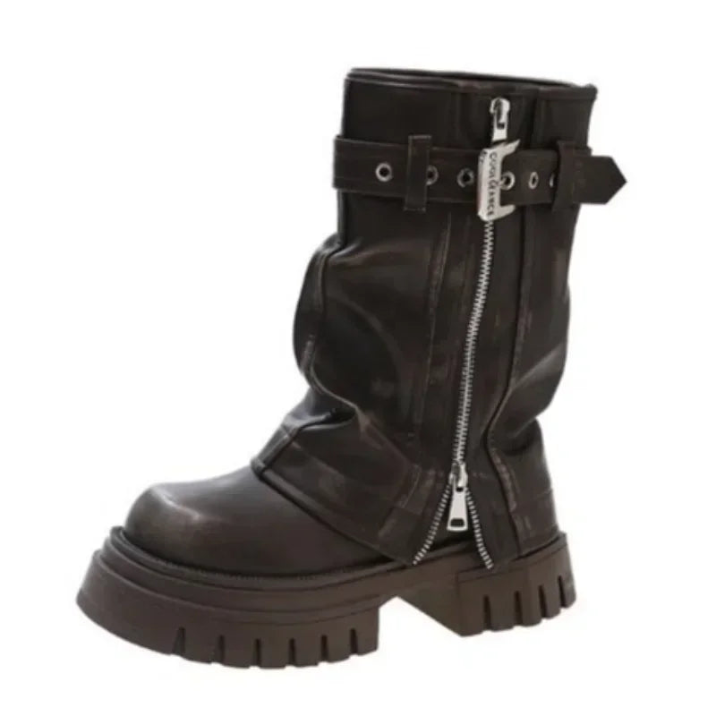 Winter Women Biker Boots Fashion Belt Buckle Ladies Elegant Platform Long Pipe Booties Casual Women's Knee High Booties2024