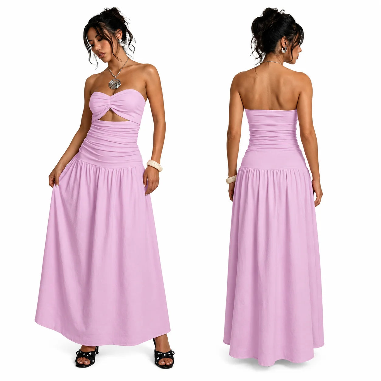 Women Strapless Twist Cutout Maxi Dress Ruched Waist Flowy A Line Long Tube Top Dress Summer Beach Vacation Casual Sundress