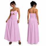 Women Strapless Twist Cutout Maxi Dress Ruched Waist Flowy A Line Long Tube Top Dress Summer Beach Vacation Casual Sundress