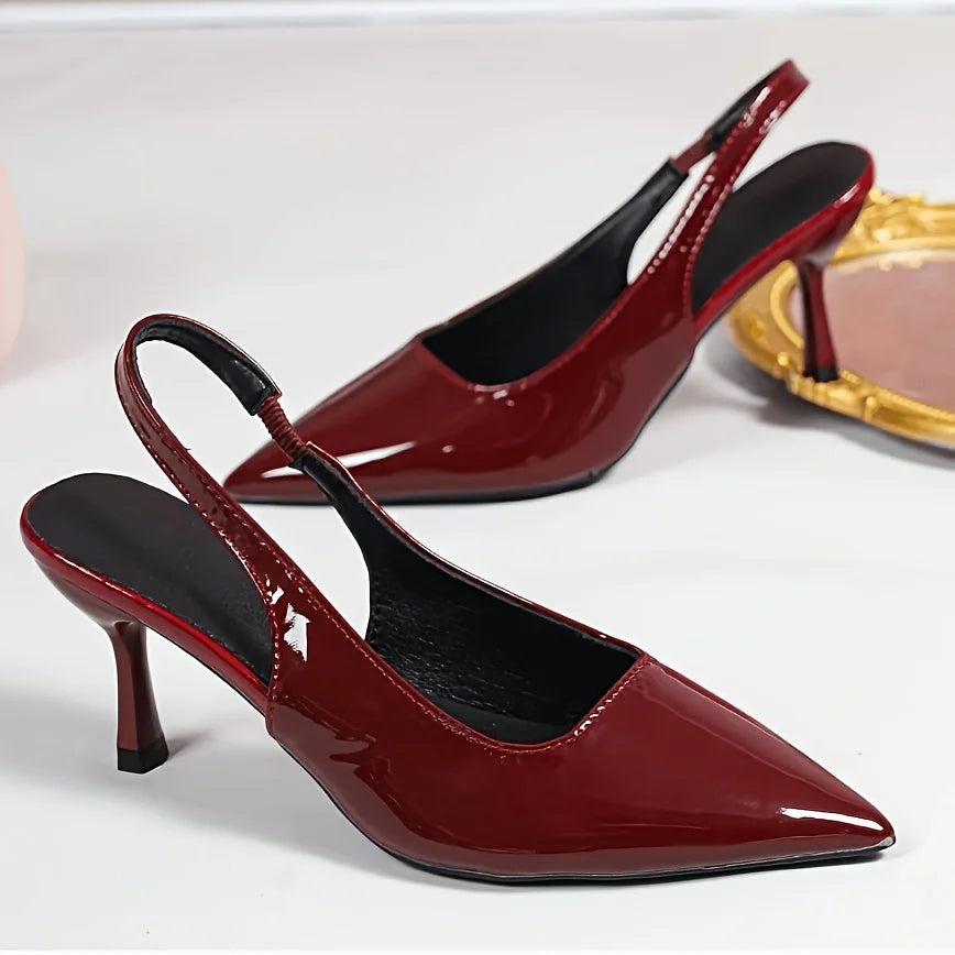 Elegant Sexy Ladies Glossy Patent Leather Pointed Toe Slingback Heels Thin Stiletto Back Strap High Heel Pumps Soft Cushioned Insole Women Wedding Date Evening Party Office Formal Dress Footwear White Black Burgundy Three Col