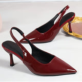 Elegant Sexy Ladies Glossy Patent Leather Pointed Toe Slingback Heels Thin Stiletto Back Strap High Heel Pumps Soft Cushioned Insole Women Wedding Date Evening Party Office Formal Dress Footwear White Black Burgundy Three Col