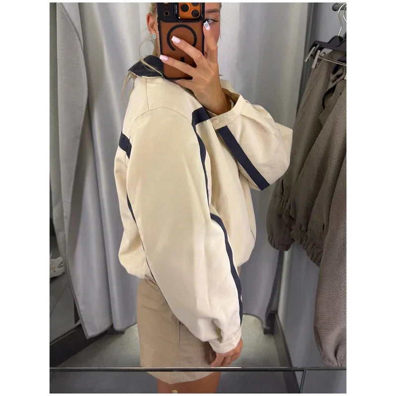 Women's Jackets Beige Black Zip Collar Crop Jacket Lapel Loose Streetwear Spring Autumn Chic Sports Outfits Short Coats 2026 New