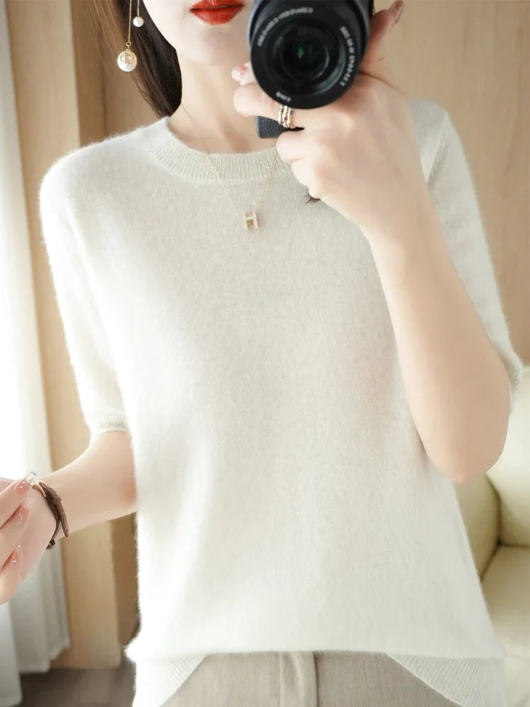 Spring Autumn Women Sweaters Short Sleeves O-neck Bottoming Shirts Knitwear 2026 Summer Knit Tops Pullovers Korean Jumpers
