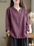 Vintage Women Blouse Autumn Long Sleeve Shirt Female V Neck Work Holiday Blusas ZANZEA Casual Solid Loose Shirt Cotton Chemise