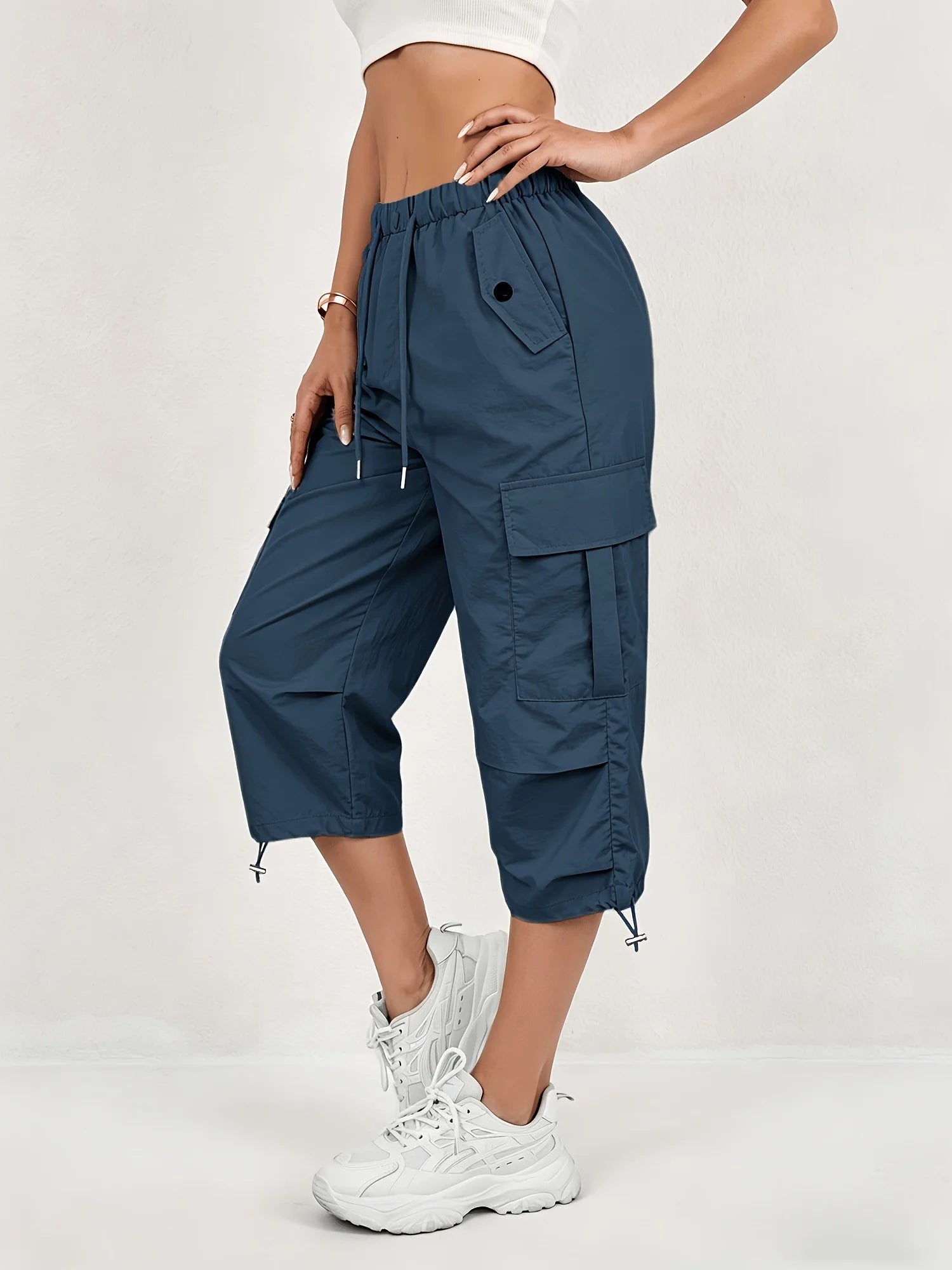 Women's Quick-Dry Cargo Capri Pants with Elastic Waist & Drawstring - Lightweight Stretch Suitable for - Outdoor Pants, Multi- Trousers, Machine Washable Loose-Fit Mid-Length for, Travel, Casual Attire