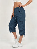 Women's Quick-Dry Cargo Capri Pants with Elastic Waist & Drawstring - Lightweight Stretch Suitable for - Outdoor Pants, Multi- Trousers, Machine Washable Loose-Fit Mid-Length for, Travel, Casual Attire